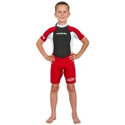 Hyperflex Access Child's 2mm Backzip Springsuit Wetsuit - Red/White -Passion Sports Store 0004 XA620CB 20 boys bz shorty red FRONT wModel